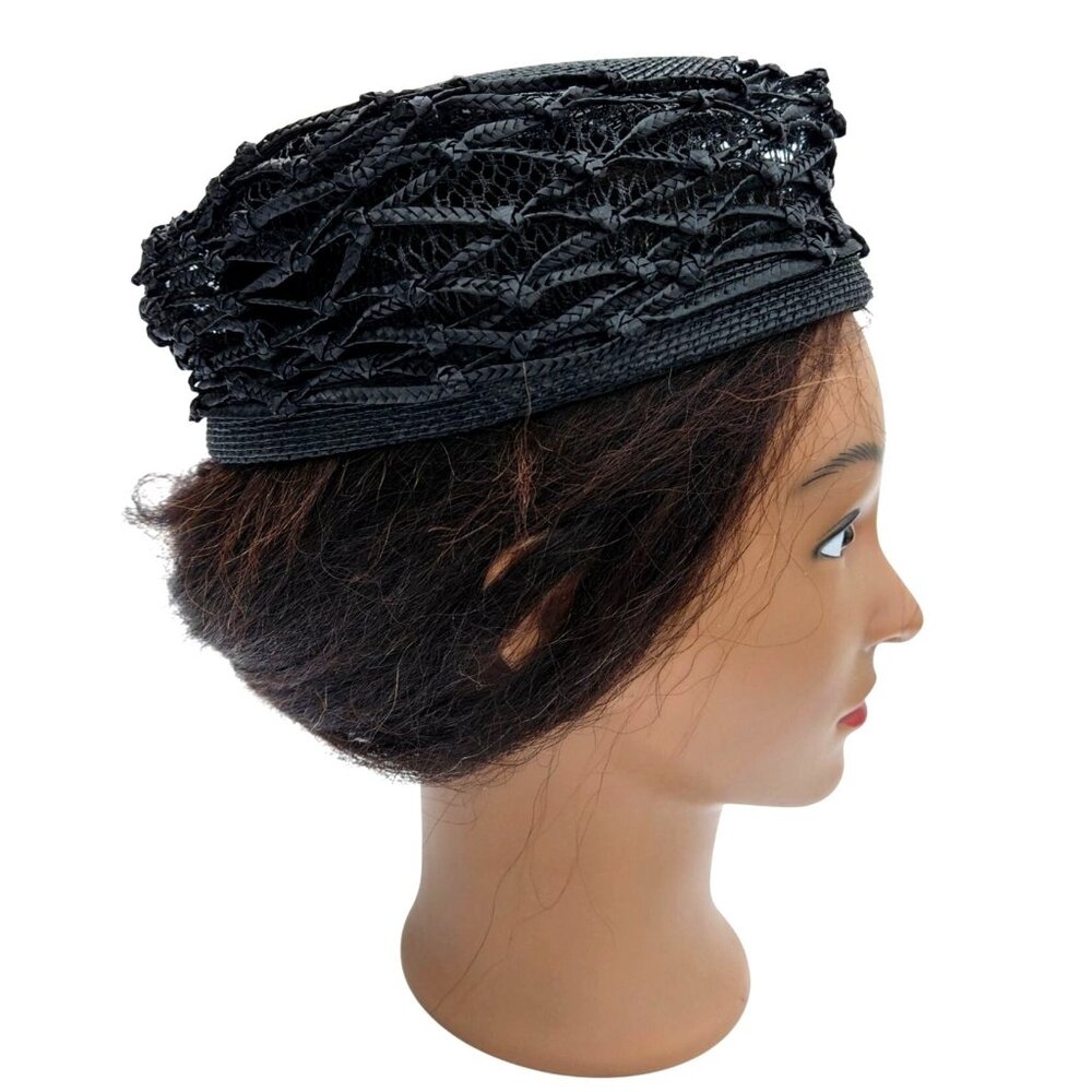 Vintage Black Woven Straw Pillbox Cage Hat Buffums Pinehurst 22" 1960s